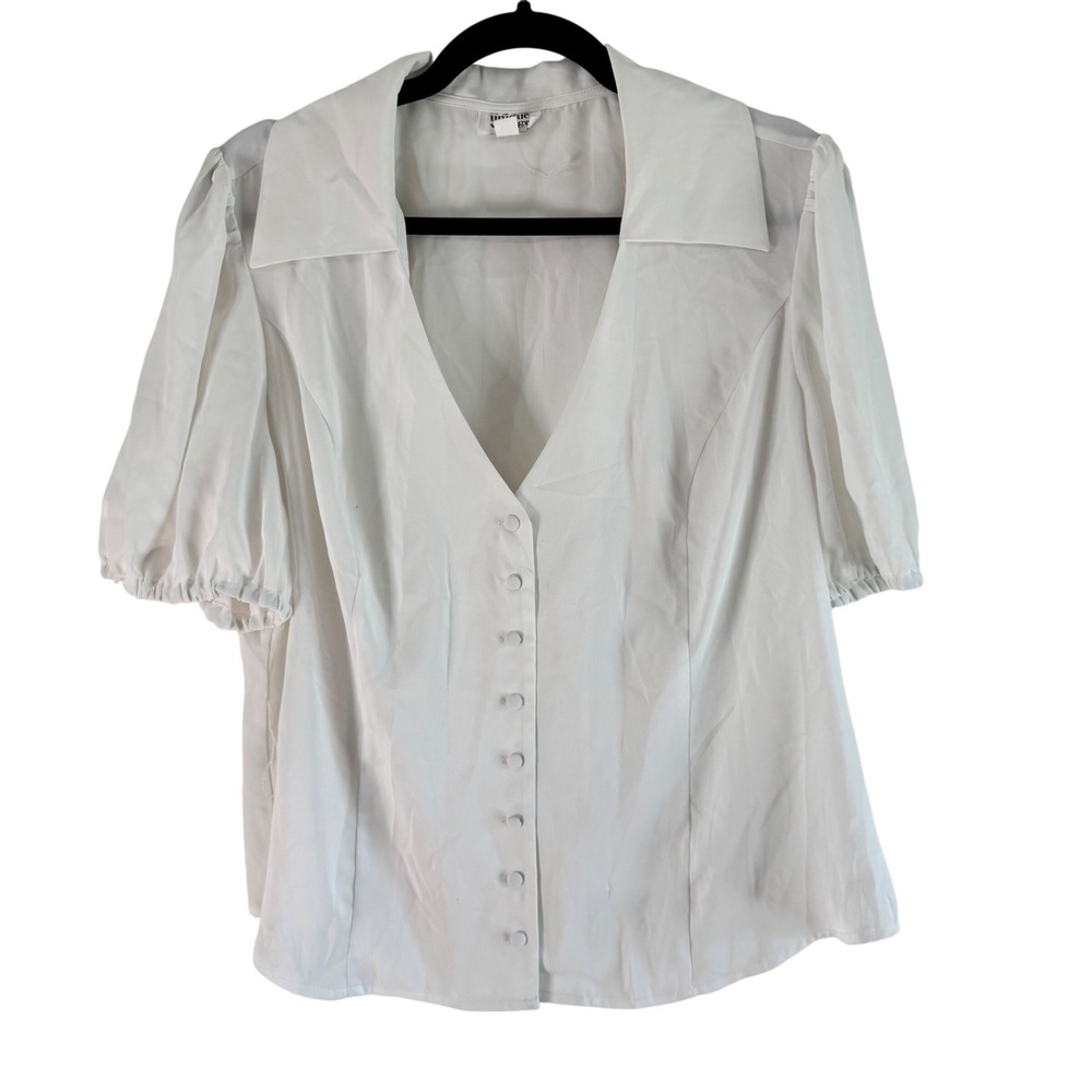 Unique Vintage White Blouse Puff‎ Sleeve Button Front Top Plus Size 1X